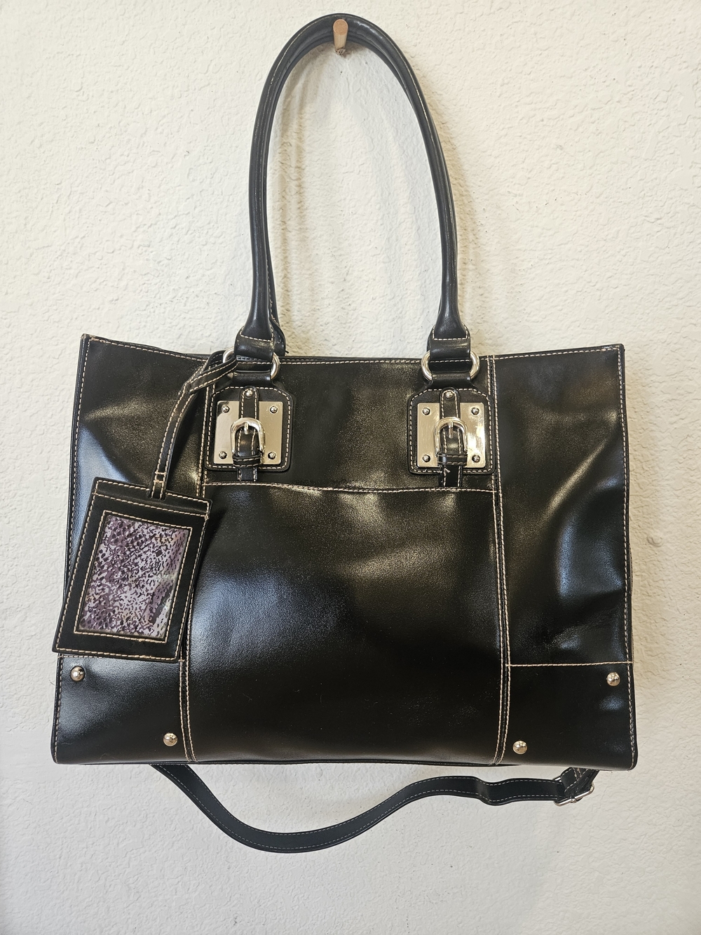 Wilsons Leather Black Structured Work Tote Bag Silver Buckle Details & Strap